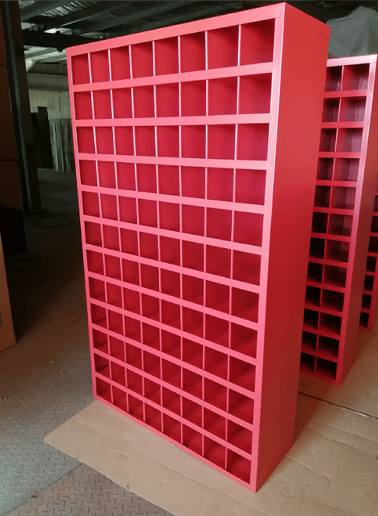 Steel bolt bin cabinet with 96 compartments – black

Red bolt organizer cabinet – front view

Side-by-side metal bin cabinets for hardware storage

Open hardware parts bins mounted on workshop wall

Heavy-duty steel bin rack for bolts and fasteners