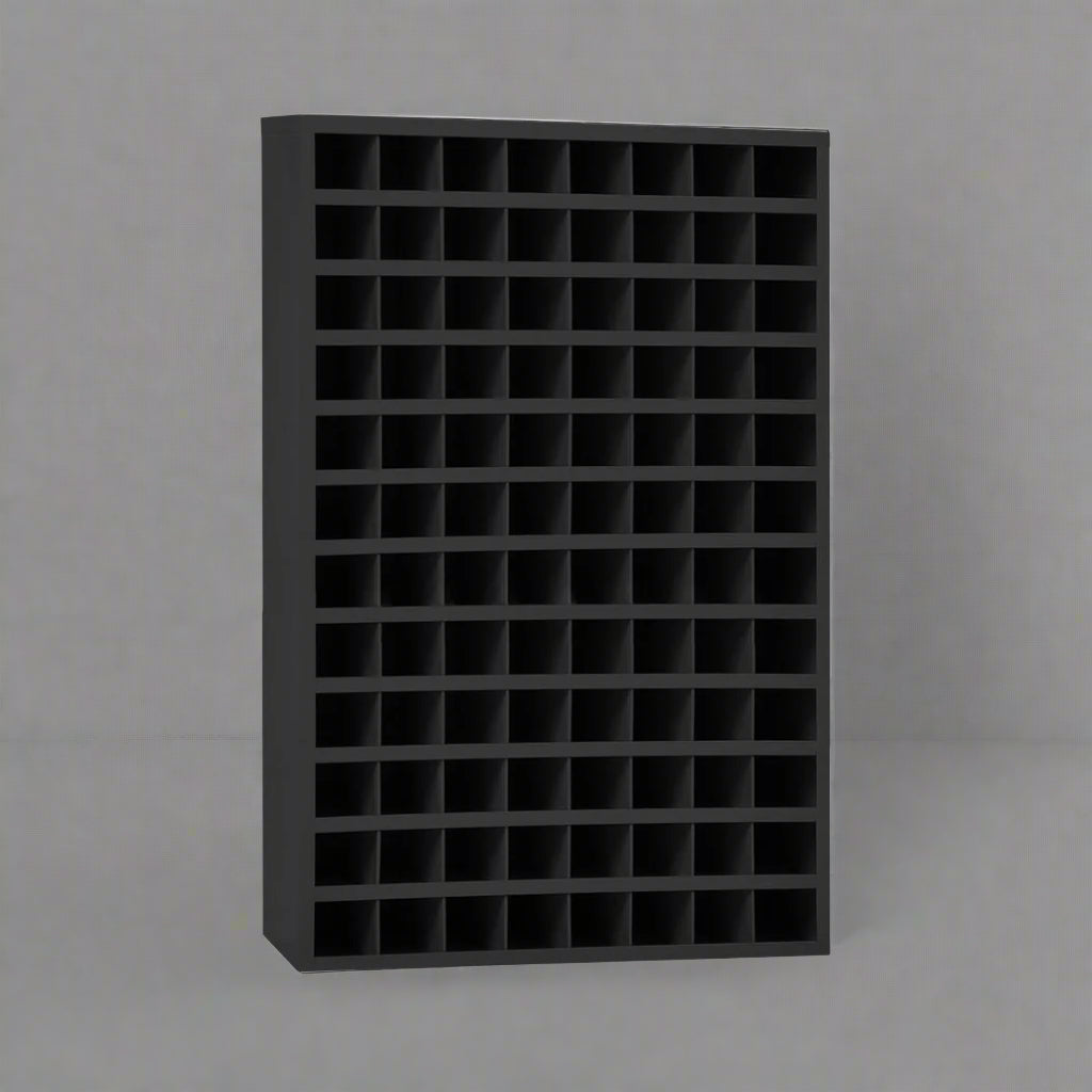 Steel bolt bin cabinet with 96 compartments – black

Red bolt organizer cabinet – front view

Side-by-side metal bin cabinets for hardware storage

Open hardware parts bins mounted on workshop wall

Heavy-duty steel bin rack for bolts and fasteners