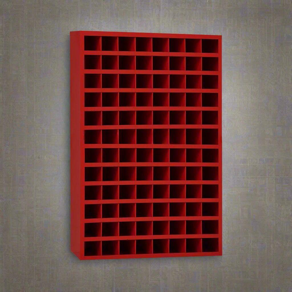 Steel bolt bin cabinet with 96 compartments – black

Red bolt organizer cabinet – front view

Side-by-side metal bin cabinets for hardware storage

Open hardware parts bins mounted on workshop wall

Heavy-duty steel bin rack for bolts and fasteners