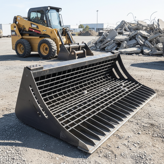 96" skid steer rock bucket with ½" spacing

Heavy-duty skeleton rock bucket on gravel

Close-up of angled bar structure

72" deluxe rock grapple for small rocks and debris

Skid steer lifting rock bucket attachment

