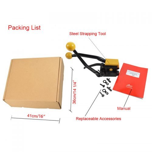 A333 Manual Steel Strapping Tool – Full View with Dual Handle

Heavy-Duty Banding Tool for Pallets and Crates

Yellow and Black A333 Strapping Tool – Top View

A333 Tensioner & Sealer Kit with Accessories