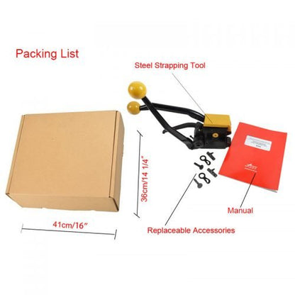 A333 Manual Steel Strapping Tool – Full View with Dual Handle

Heavy-Duty Banding Tool for Pallets and Crates

Yellow and Black A333 Strapping Tool – Top View

A333 Tensioner & Sealer Kit with Accessories