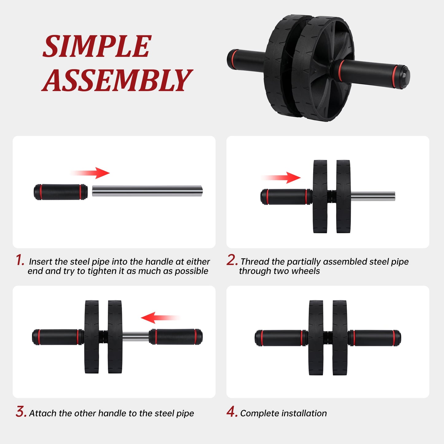 Dual-wheel ab roller with rebound assist – front view

Home workout ab roller with non-slip grips

Ab core trainer – side view with ergonomic handles

Ab wheel fitness roller in black with red detailing


