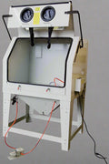 Industrial 990L sandblasting cabinet with blue and white finish, built-in dust collector, and fluorescent lighting
