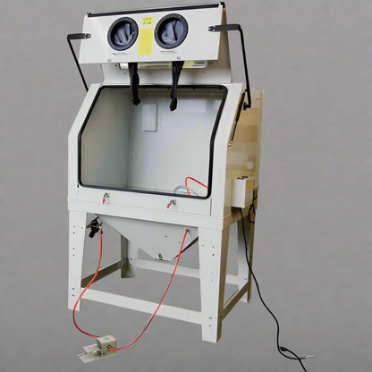 Industrial 990L sandblasting cabinet with blue and white finish, built-in dust collector, and fluorescent lighting
