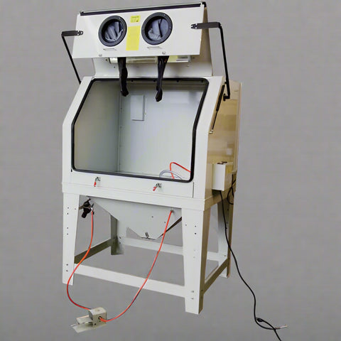 Industrial 990L sandblasting cabinet with blue and white finish, built-in dust collector, and fluorescent lighting
