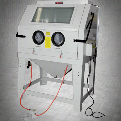 Industrial 990L sandblasting cabinet with blue and white finish, built-in dust collector, and fluorescent lighting
