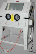 Industrial 990L sandblasting cabinet with blue and white finish, built-in dust collector, and fluorescent lighting
