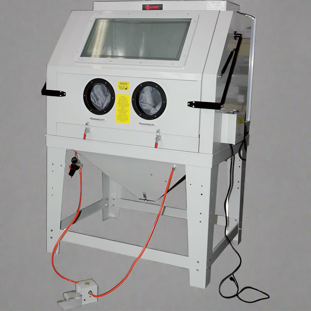Industrial 990L sandblasting cabinet with blue and white finish, built-in dust collector, and fluorescent lighting

