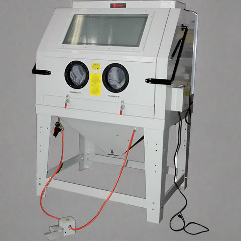 Industrial 990L sandblasting cabinet with blue and white finish, built-in dust collector, and fluorescent lighting
