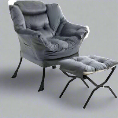 Velvet accent chair with ottoman – beige and gray lounge armchair for living room, padded and upholstered
