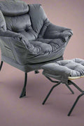 Velvet accent chair with ottoman – beige and gray lounge armchair for living room, padded and upholstered
