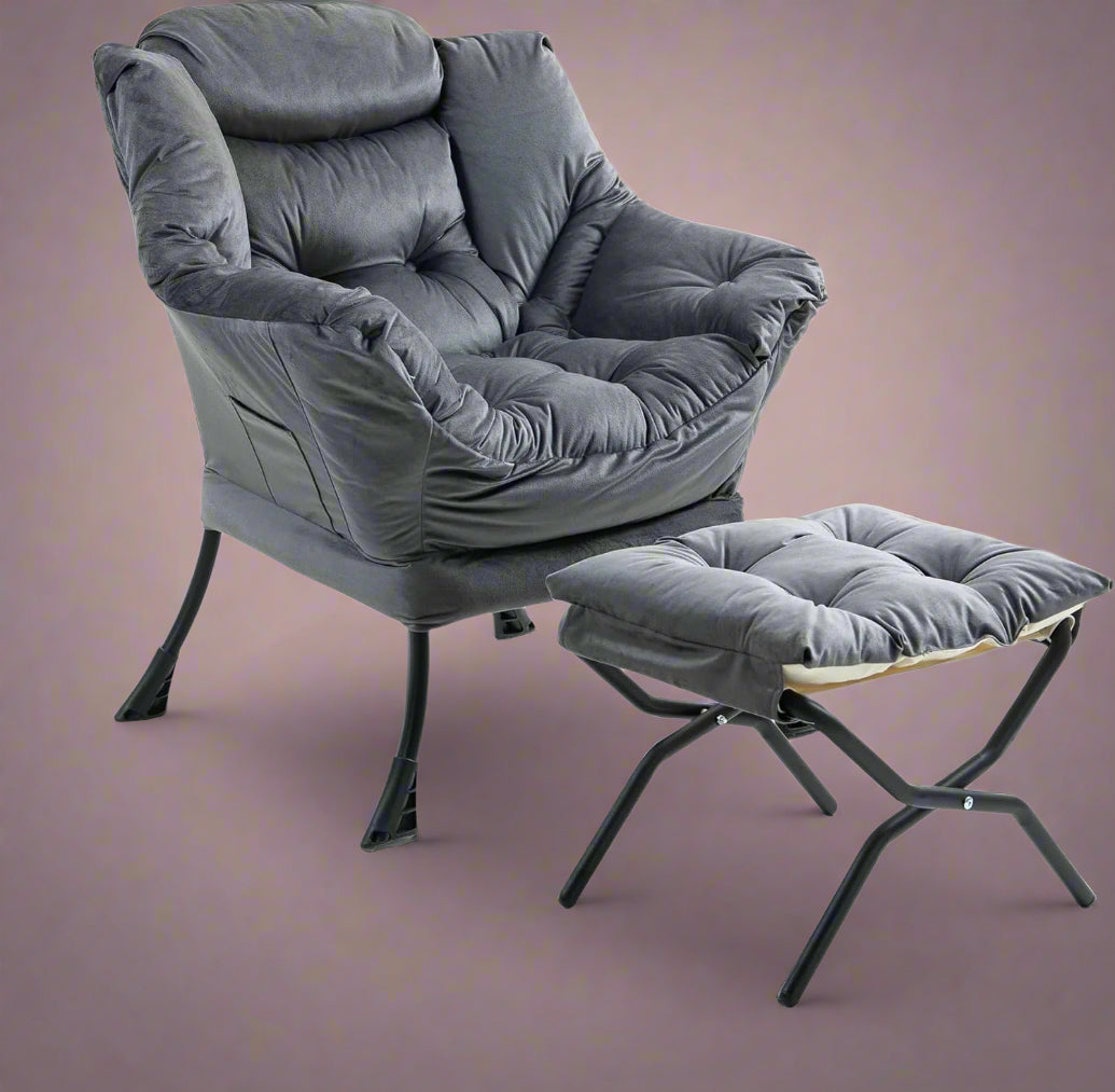 Velvet accent chair with ottoman – beige and gray lounge armchair for living room, padded and upholstered
