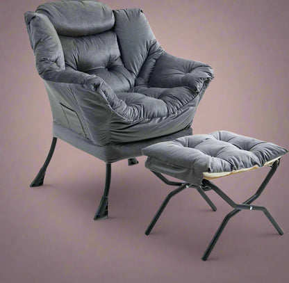 Velvet accent chair with ottoman – beige and gray lounge armchair for living room, padded and upholstered
