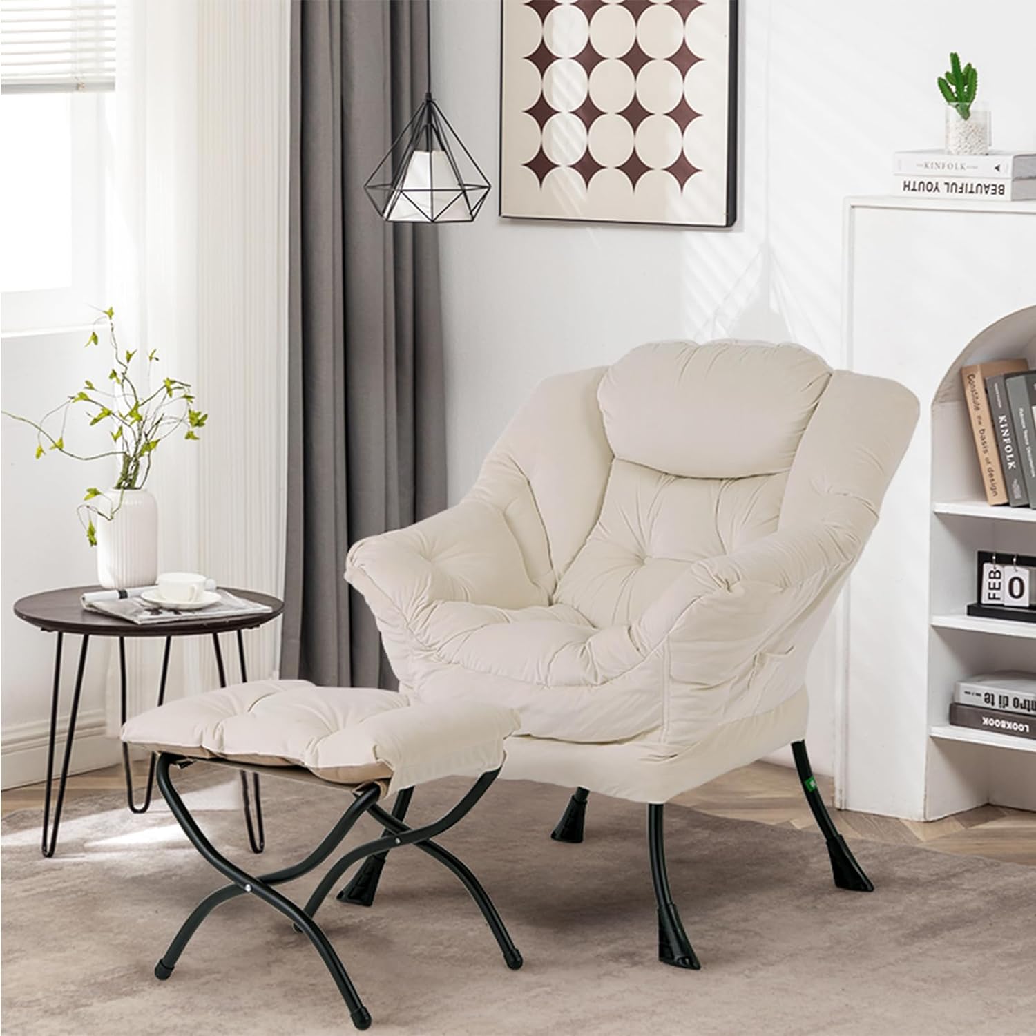 Velvet accent chair with ottoman – beige and gray lounge armchair for living room, padded and upholstered
