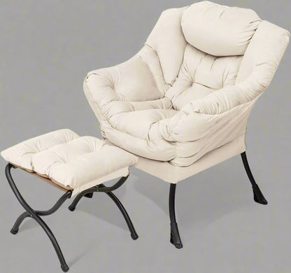 Velvet accent chair with ottoman – beige and gray lounge armchair for living room, padded and upholstered
