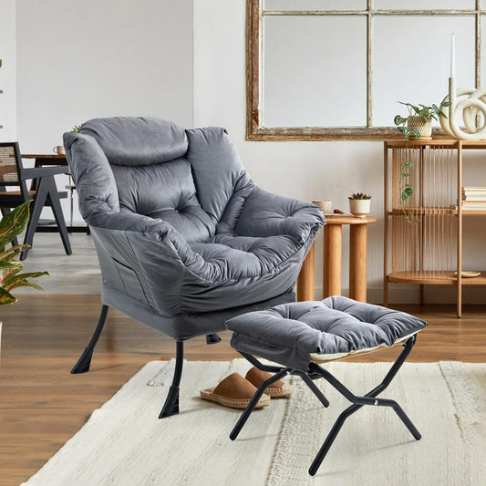 Velvet accent chair with ottoman – beige and gray lounge armchair for living room, padded and upholstered
