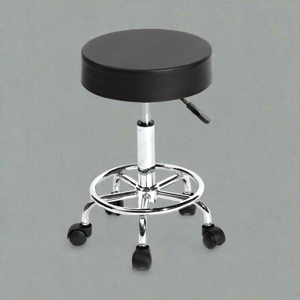 Adjustable black salon stool chair with wheels and steel base