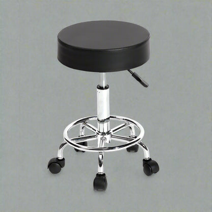 Adjustable black salon stool chair with wheels and steel base
