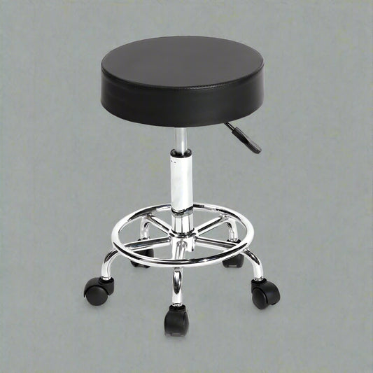Adjustable black salon stool chair with wheels and steel base