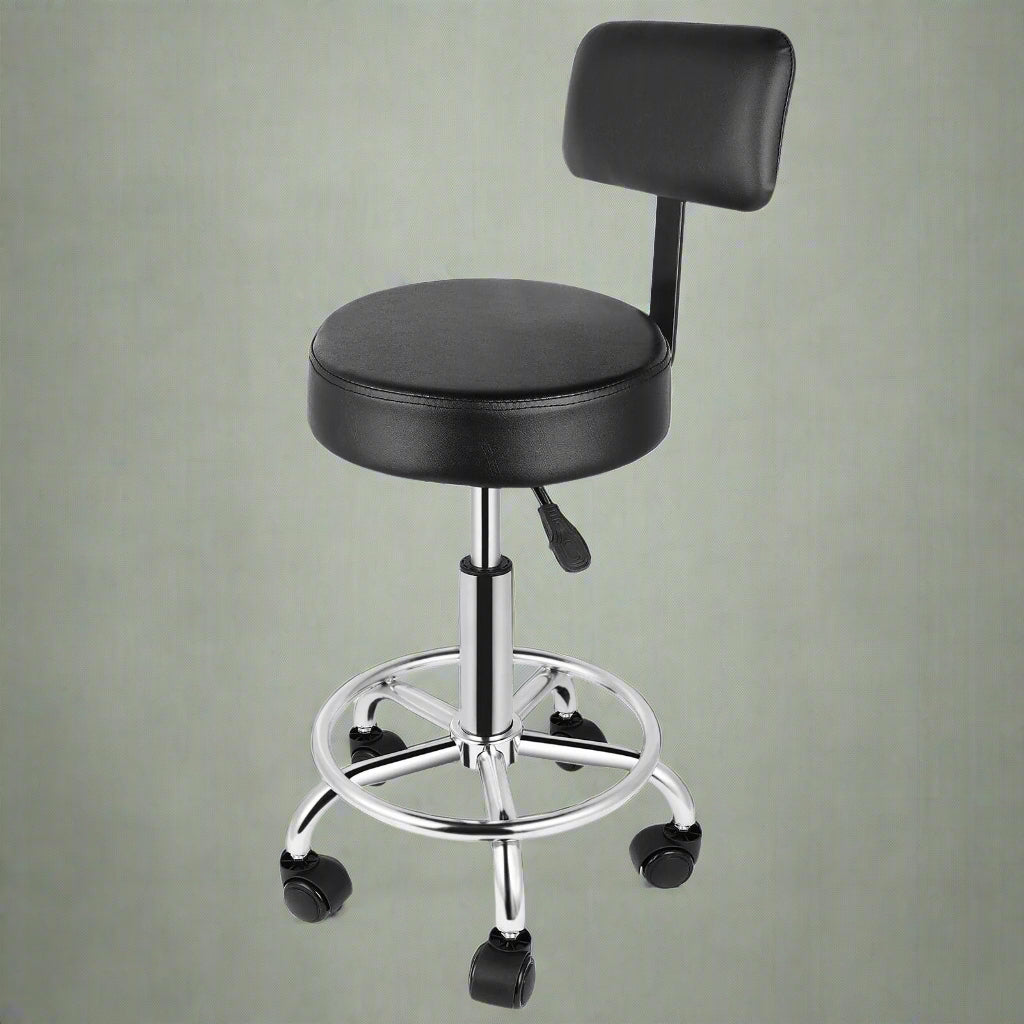 Salon and spa technician chair with ergonomic back support and wheels