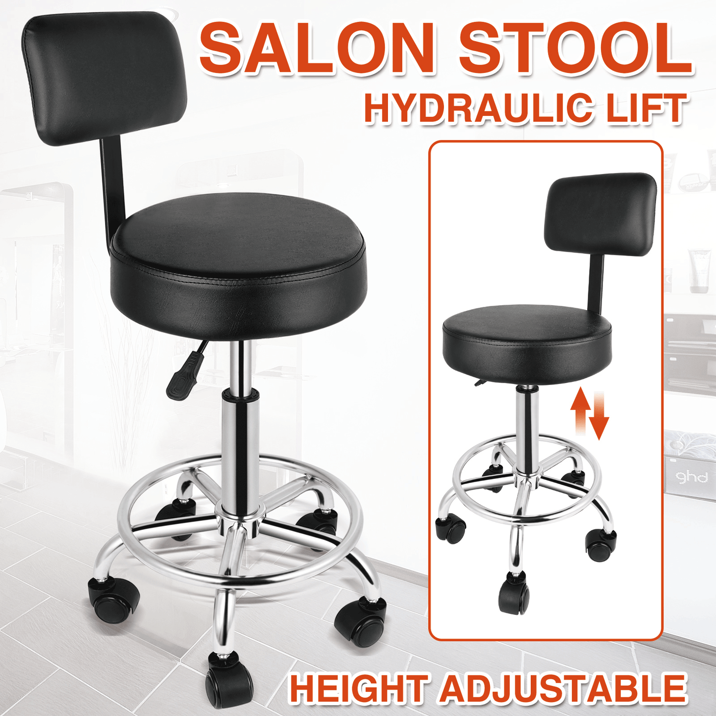 Professional salon stools MSR1 MSR2 MSR3 with adjustable height and backrests