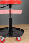 Adjustable mechanic stool with red seat and tool tray
Rolling garage stool with steel frame and wheels
Workshop stool with 360 swivel caster wheels
Tool tray under adjustable workshop seat
Mechanic rolling stool for garage work