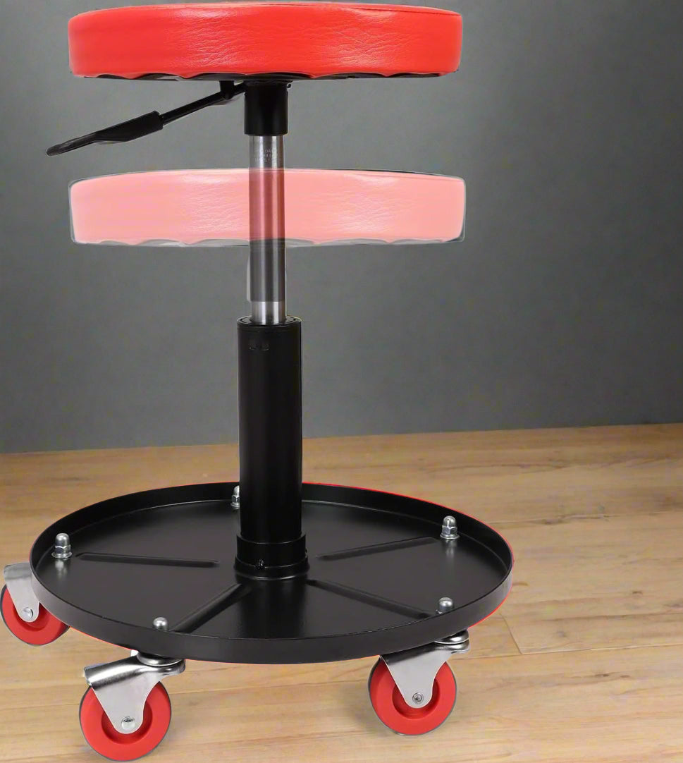 Adjustable mechanic stool with red seat and tool tray
Rolling garage stool with steel frame and wheels
Workshop stool with 360 swivel caster wheels
Tool tray under adjustable workshop seat
Mechanic rolling stool for garage work