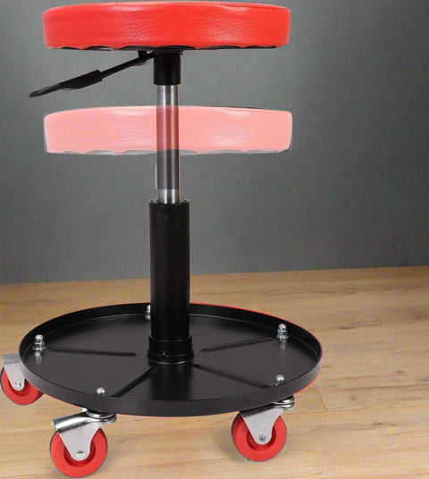 Adjustable mechanic stool with red seat and tool tray
Rolling garage stool with steel frame and wheels
Workshop stool with 360 swivel caster wheels
Tool tray under adjustable workshop seat
Mechanic rolling stool for garage work