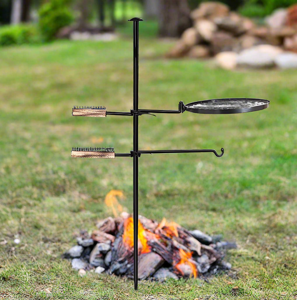 Adjustable steel swivel campfire grill over open fire
16513 outdoor BBQ fire pit cooking grate with stake
Black powder-coated swivel grill for camping and outdoor cooking