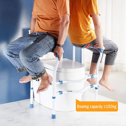 Adjustable Toilet Grab Rail – Front Setup View

Bathroom Safety Handrail – Close-Up of Padded Grips

Tool-Free Toilet Safety Frame – Assembled View

Senior Bathroom Support Rail – In Use

Toilet Frame for Elderly – Product Dimensions