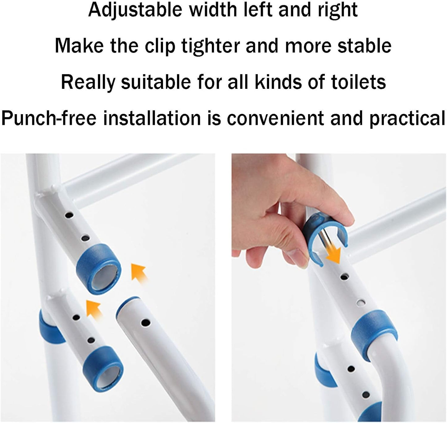 Adjustable Toilet Grab Rail – Front Setup View

Bathroom Safety Handrail – Close-Up of Padded Grips

Tool-Free Toilet Safety Frame – Assembled View

Senior Bathroom Support Rail – In Use

Toilet Frame for Elderly – Product Dimensions