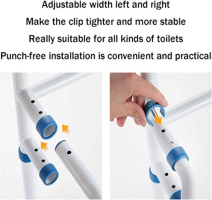Adjustable Toilet Grab Rail – Front Setup View

Bathroom Safety Handrail – Close-Up of Padded Grips

Tool-Free Toilet Safety Frame – Assembled View

Senior Bathroom Support Rail – In Use

Toilet Frame for Elderly – Product Dimensions