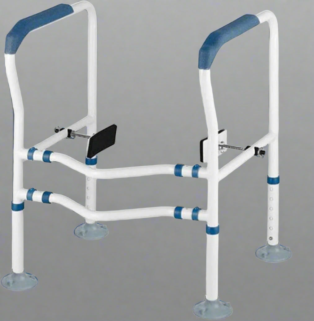 Adjustable Toilet Grab Rail – Front Setup View

Bathroom Safety Handrail – Close-Up of Padded Grips

Tool-Free Toilet Safety Frame – Assembled View

Senior Bathroom Support Rail – In Use

Toilet Frame for Elderly – Product Dimensions