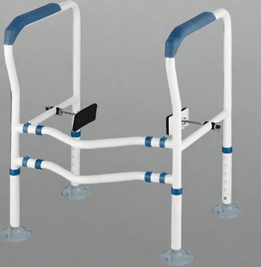 Adjustable Toilet Grab Rail – Front Setup View

Bathroom Safety Handrail – Close-Up of Padded Grips

Tool-Free Toilet Safety Frame – Assembled View

Senior Bathroom Support Rail – In Use

Toilet Frame for Elderly – Product Dimensions