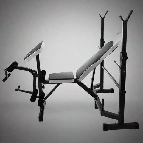 Adjustable weight bench in black for home gym fitness
330 lbs capacity workout bench with incline setting
Multifunctional fitness bench for dumbbell training
Flat incline gym bench with padded seat 
Weight lifting bench AMWEB1001 in side view