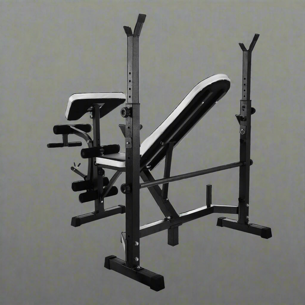 Adjustable weight bench in black for home gym fitness
330 lbs capacity workout bench with incline setting
Multifunctional fitness bench for dumbbell training
Flat incline gym bench with padded seat 
Weight lifting bench AMWEB1001 in side view