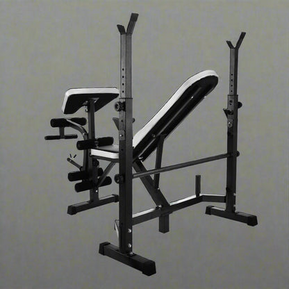 Adjustable weight bench in black for home gym fitness
330 lbs capacity workout bench with incline setting
Multifunctional fitness bench for dumbbell training
Flat incline gym bench with padded seat 
Weight lifting bench AMWEB1001 in side view