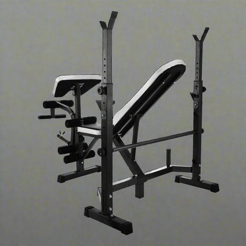 Adjustable weight bench in black for home gym fitness
330 lbs capacity workout bench with incline setting
Multifunctional fitness bench for dumbbell training
Flat incline gym bench with padded seat 
Weight lifting bench AMWEB1001 in side view