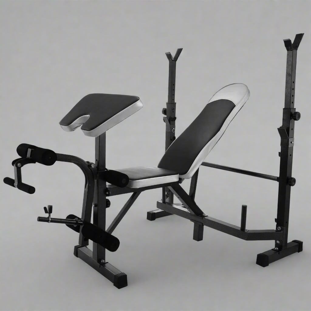Adjustable weight bench in black for home gym fitness
330 lbs capacity workout bench with incline setting
Multifunctional fitness bench for dumbbell training
Flat incline gym bench with padded seat 
Weight lifting bench AMWEB1001 in side view