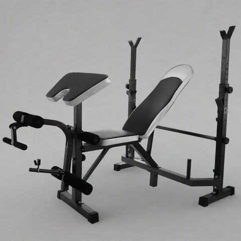 Adjustable weight bench in black for home gym fitness
330 lbs capacity workout bench with incline setting
Multifunctional fitness bench for dumbbell training
Flat incline gym bench with padded seat 
Weight lifting bench AMWEB1001 in side view