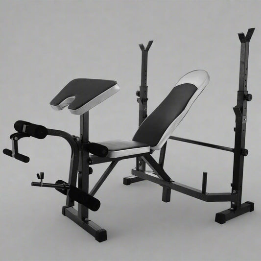Adjustable weight bench in black for home gym fitness
330 lbs capacity workout bench with incline setting
Multifunctional fitness bench for dumbbell training
Flat incline gym bench with padded seat 
Weight lifting bench AMWEB1001 in side view