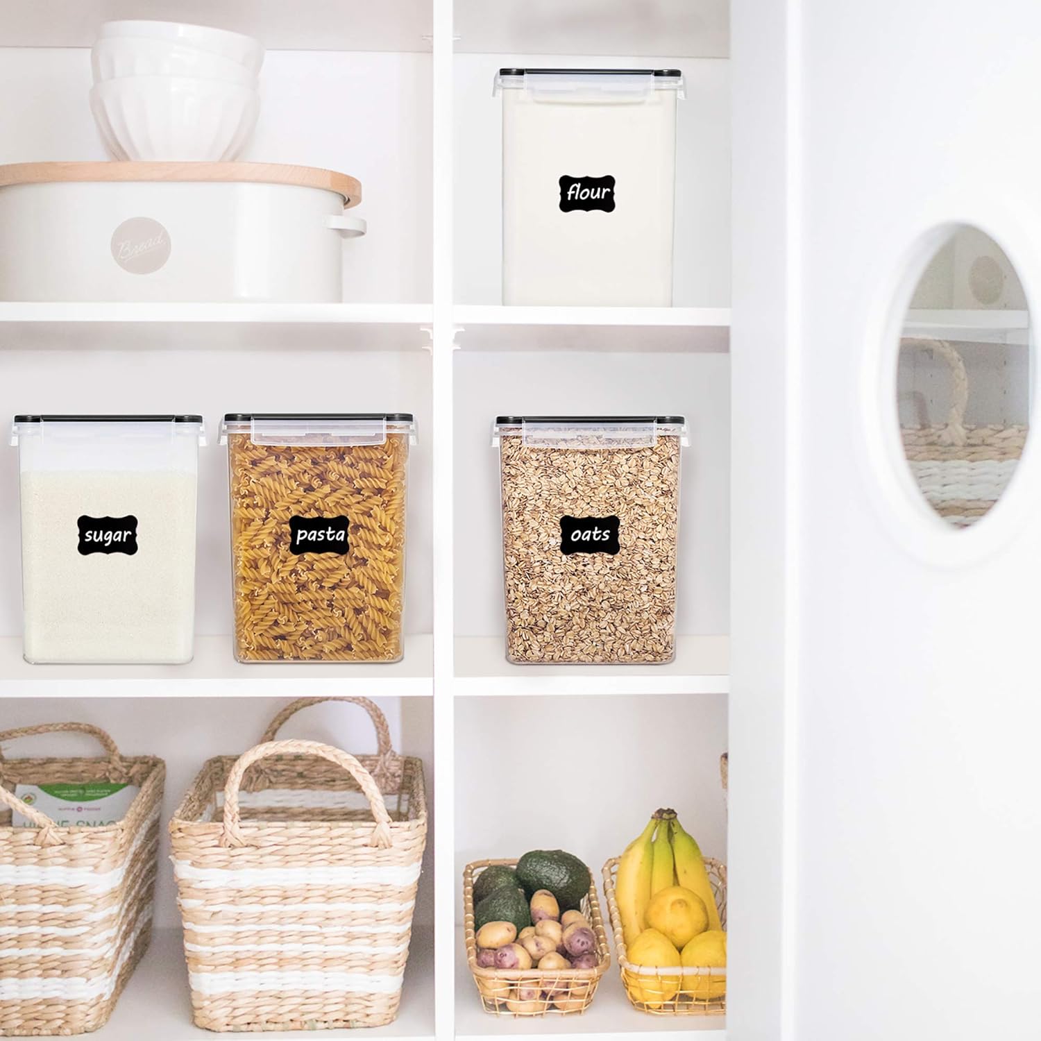 Airtight food storage containers for kitchen cabinet organization