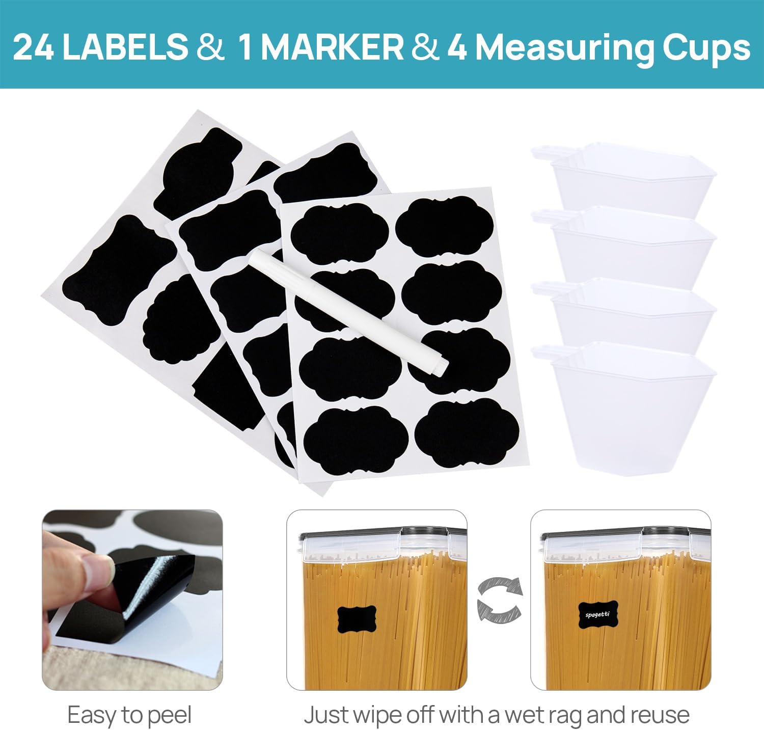 Food storage container set accessories - labels, marker, measuring cups