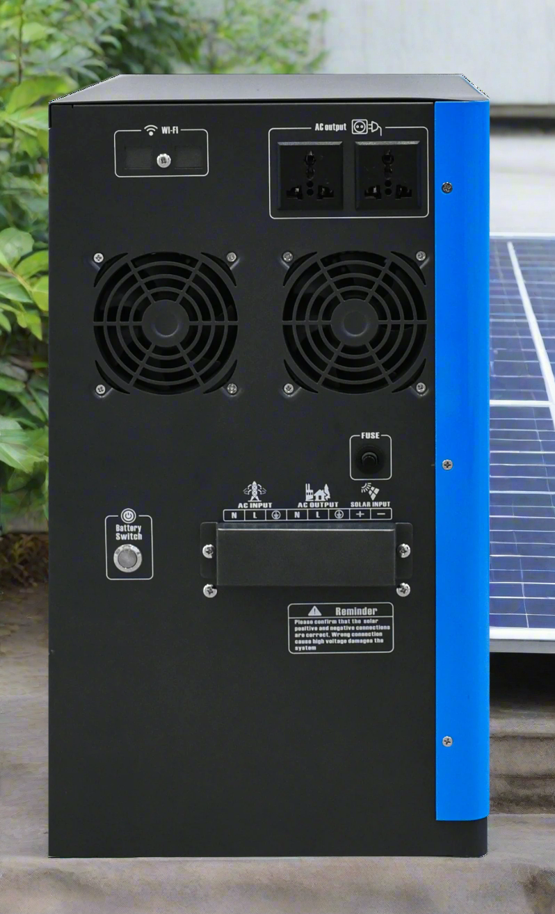 5 kW solar lithium generator inverter with LCD interface
Complete off-grid solar power system with 12 roof-mounted panels
MPPT solar charge controller with accessories and cabling
5000W solar power kit with LiFePO4 battery and panel array