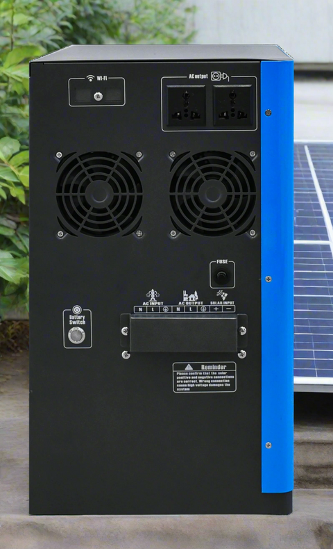 5 kW solar lithium generator inverter with LCD interface
Complete off-grid solar power system with 12 roof-mounted panels
MPPT solar charge controller with accessories and cabling
5000W solar power kit with LiFePO4 battery and panel array