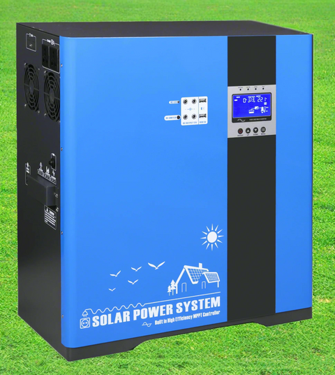 5 kW solar lithium generator inverter with LCD interface
Complete off-grid solar power system with 12 roof-mounted panels
MPPT solar charge controller with accessories and cabling
5000W solar power kit with LiFePO4 battery and panel array