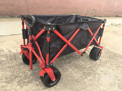Heavy-Duty Folding Beach Wagon – Front View Loaded
All-Terrain Utility Wagon with Wide Wheels – Red Frame
Collapsible Camping Cart – Folded for Storage
Outdoor Wagon for Sand and Grass – Side View