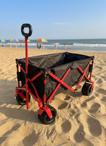 Heavy-Duty Folding Beach Wagon – Front View Loaded
All-Terrain Utility Wagon with Wide Wheels – Red Frame
Collapsible Camping Cart – Folded for Storage
Outdoor Wagon for Sand and Grass – Side View