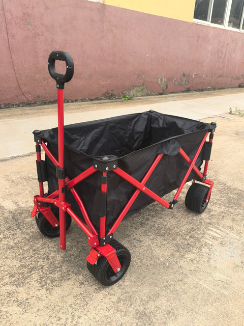 Heavy-Duty Folding Beach Wagon – Front View Loaded
All-Terrain Utility Wagon with Wide Wheels – Red Frame
Collapsible Camping Cart – Folded for Storage
Outdoor Wagon for Sand and Grass – Side View